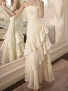 Elegant Summer Apricot Dress For Women Valentine's Day Sexy Satin Prom Dress, Wedding Guest Party Evening Gowns, Ruched Ruffle Vacation Outfits Beach Holiday Vacation - Apricot - View 5