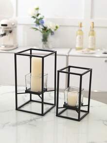 1pc Black Iron Square Candle Holder, Black Iron Frame Glass Cup Candle Holder, 3-5 Cup Tea Light Candle Holder, Glass Frame Candle Holder, 3D Candle Holder Decor, Minimalist Party & Banquet Candle Stand (Candles Not Included) Gifts Birthday Graduation - Black - View 11