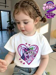 [ma baoli] camiseta de verano para niñas - estampado de lindo pony - suéter estampado de cuello redondo, con tejidos blandos de poliéster, adecuado para niñas en verano, envío de almacenes locales, ropa de verano para niñas de estilo dibujos animados, adecuado para ocasiones diarias, viajes. - Blanco - View 1