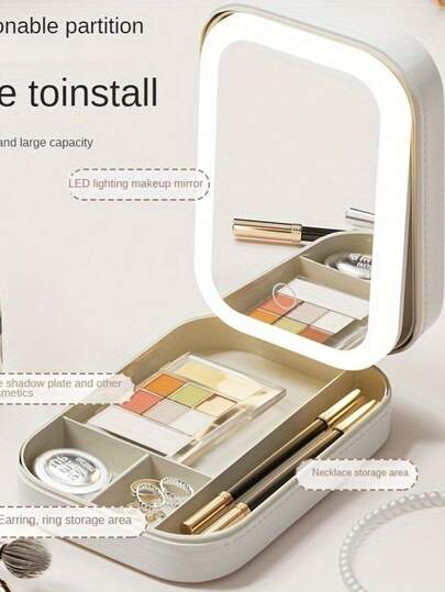 Estojo Cosmético de Viagem com LED – Espelho e Armazenamento Portátil para Maquiagem