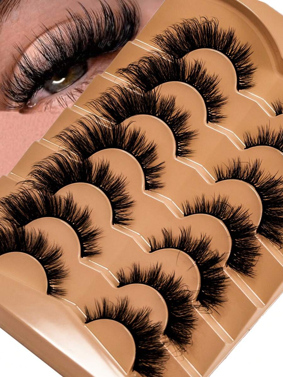 New Style 7 Pairs Of Cat Eye Lashes, 3D Natural False Lashes, 5D Volumizing & Soft Cross Manga Mascara, Wispy Natural Lash Extension Look - Black - View 1