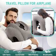 Almohada de viaje inflable para aviones, almohada de avión que brinda comodidad durante vuelos largos, se puede usar en aviones, trenes, incluye bolsa de almacenamiento, antifaz y tapones para los oídos - Gris - Ver 4