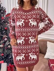 Robe pull de Noël pour femmes avec motif géométrique de renne, manches longues, col rond, fente fendue, mini-robe en tricot. Robe de fête d'hiver rouge et bordeaux pour les fêtes - Rouge - Voir 8