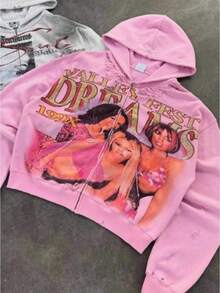Retro High Street Cross Border Hooded Cardigan Same Style  Hooded Cardigan Sweater - Pink - View 1