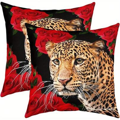 1pc 18x18 Inch [Leopard Pillow Covers] Leopard Pillow Covers - Wild Animal Cheetah Print Decorative Throw Pillow Covers Cases Home Decor Wildlife  Cat Print Red Rose Cushion Case For Couch Sofa Outdoor