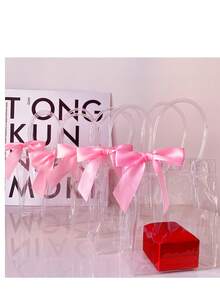 10 piezas Bolsas de regalo de plástico transparente con lazo de cinta, tamaño aproximado de 15x13x7cm (5.9x5.1x2.8 pulgadas), reutilizables, adecuadas para bodas, cumpleaños, baby shower, regalos de boda, obsequios para fiestas nupciales, decoraciones de pasteles, embalaje, decoraciones de fiesta - Rosa Pálido - Ver 9