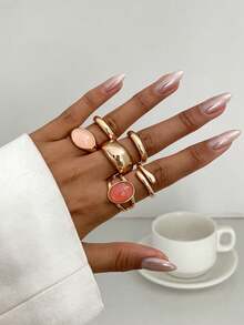 Set de 6 anillos de moda con gemas geométricas huecas de estilo bohemio, joyería versátil y encantadora como regalo para mujeres para fiestas casuales, diarias, de boda y días festivos - anillo - Ver 7