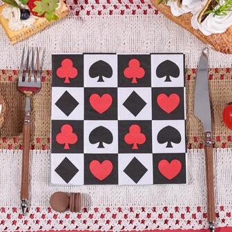 20张/40张/60张装，扑克牌花色派对餐巾纸 - 6.5英寸一次性餐巾纸 | 黑桃红心梅花方块图案纸巾，适用于赌场主题派对聚会、二十一点游戏之夜用品、拉斯维加斯赌场游戏专用纸巾