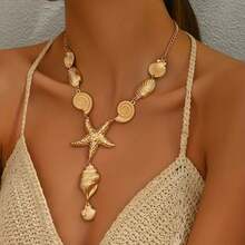 1pc Summer Ocean Vacation Style Women's Y-Shaped Necklaces, New Creative Bohemian Starfish, Seashells, Seashells And Other Marine Creatures Series Pendants, Collarbone Necklaces, Beach Vacation Holiday Gifts For Friends, The Best Gift And Perfe - 金黃色 - 查看 1