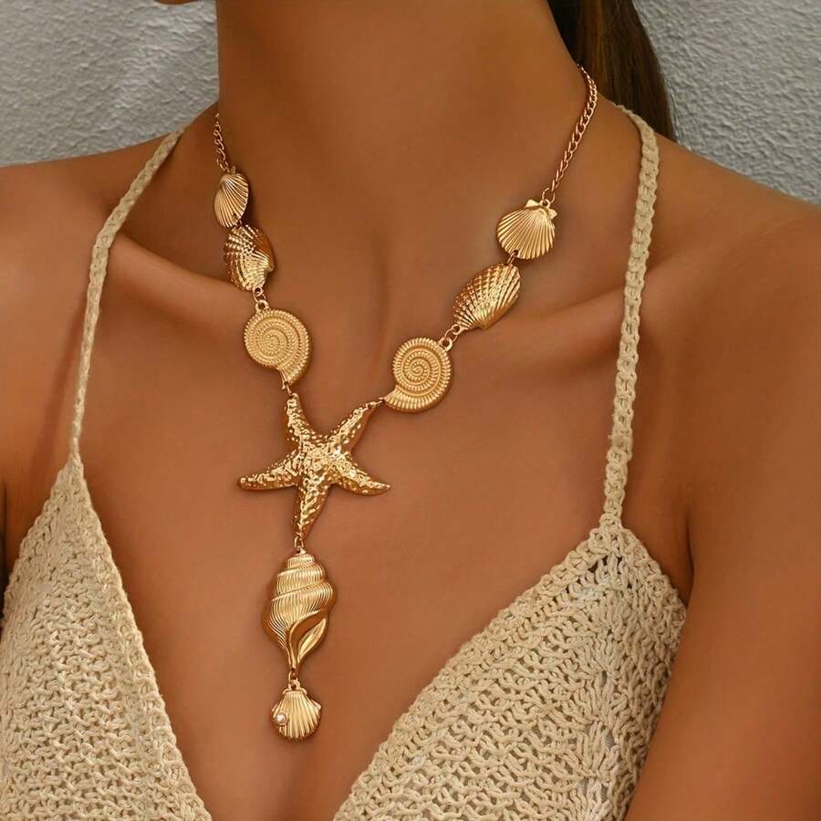 1pc Summer Ocean Vacation Style Women's Y-Shaped Necklaces, New Creative Bohemian Starfish, Seashells, Seashells And Other Marine Creatures Series Pendants, Collarbone Necklaces, Beach Vacation Holiday Gifts For Friends, The Best Gift And Perfe - 金黃色 - 查看 1