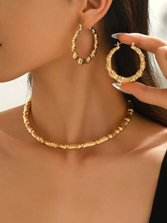 1 Set de Joyería Versátil y de Moda con Collar y Aretes de Bambú Dorado, Estilo Casual para Mujer para Fiesta y Uso Diario