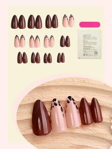 24片法式美甲贴纸，中号杏仁形，纯色和豹纹装饰，简约Y2K风格，表面光滑，全覆盖，适合女性和女孩日常佩戴 - 彩色 - 查看 3