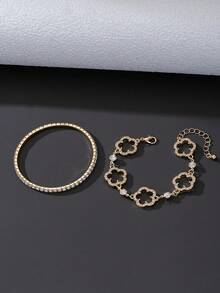 1 Set Luxury Rhinestone Hollow Clover & Elastic Bracelet Set For Women - Yellow Gold - View 3