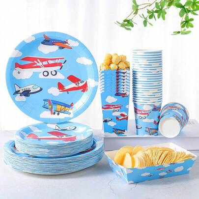 Airplane Themed Disposable Plates, Cups, Popcorn Boxes, Food Containers Set, Party Supplies Suitable For 24 Guests, Disposable Paper Plates Party Tableware Set For Birthday, Wedding, Party, Family Picnic