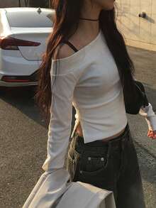 不对称领纽扣修身长袖T恤上衣，韩版 - 白色 - 查看 5