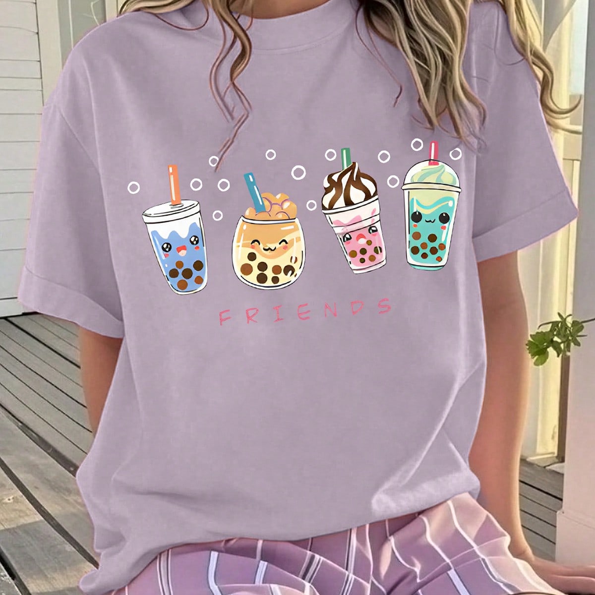 Pieza Camiseta de manga corta con estampado de té de burbujas lindo para niñas, cómoda y transpirable, uso casual diario para el verano