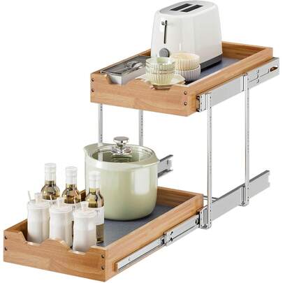 Tier Pull Out Drawers For Cabinets, Double Tier Slide Out Wood Cabinet Organizer, Pull Out Shelves For Base Cabinet Organization In Kitchen, Pantry, Bathroom
