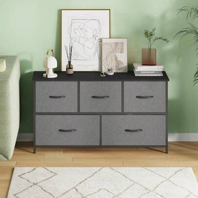 Chest Of 5 Drawers Fabric Lowboy Clothes Storage Cabinet Tower Dresser Organizer Clothes Toys Storage Unit For BedroomLiving Room Office Hallway Entryway Gray