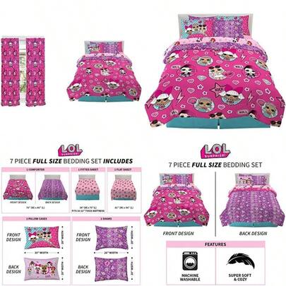 Franco - Cortinas para Ventana de habitación Infantil con Juego de alzapaños Juego de Ropa de Cama para niños súper Suave con Funda de Almohada, 7 Piezas, tamaño Completo, LOL Surprise(default)