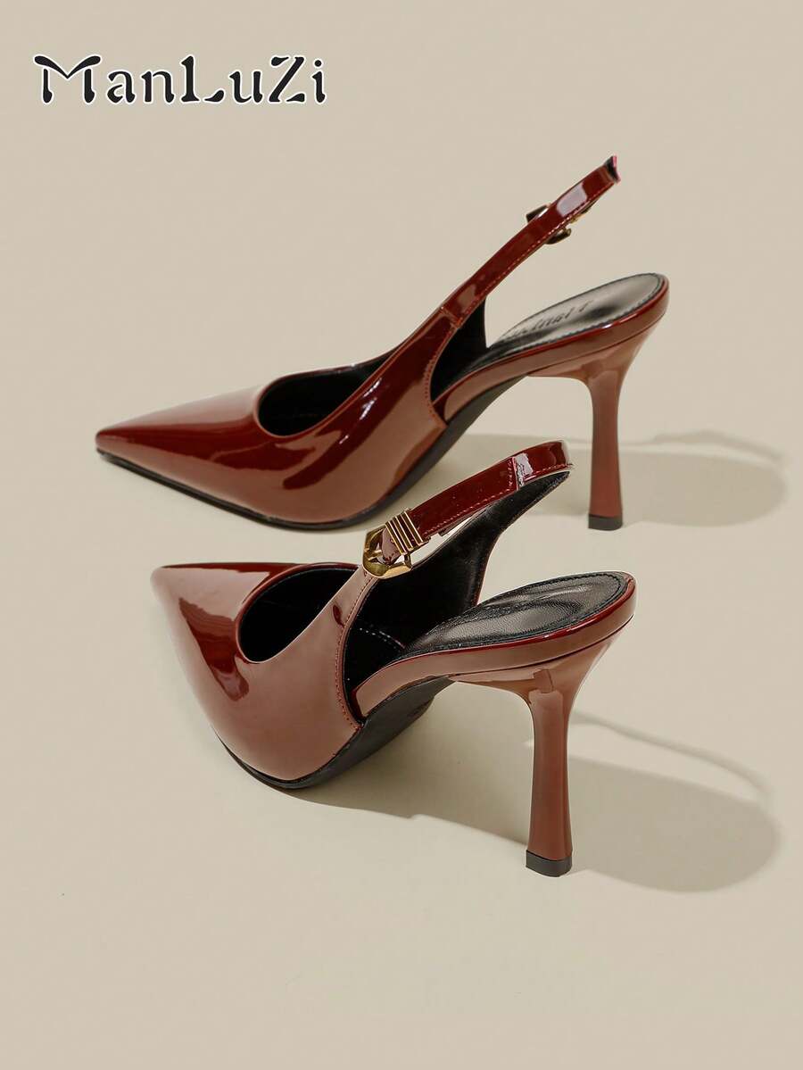 女士酒红色漆皮尖头小猫跟高跟鞋，优雅正式时尚闭趾搭扣派对礼服鞋，带踝带