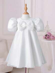 Young Girl Fairy Tale White Princess Dress, Girls Pure White Bow Tulle Dress, Children's Wedding Flower Girl Dress, Birthday Party Princess Dress | Elegant Fairy-Like Refined Banquet Essential, Suitable For 4-7 Years Old Girls, Spring/Summer - White - View 3