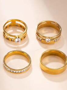 4pcs Elegant Stainless Steel Women's Rhinestone Ring Set, Includes Roman Numeral & Cubic Zirconia Elements, Suitable For Daily Wear, Festivals, Dates, Engagements, Weddings, Gift - Gold - View 4