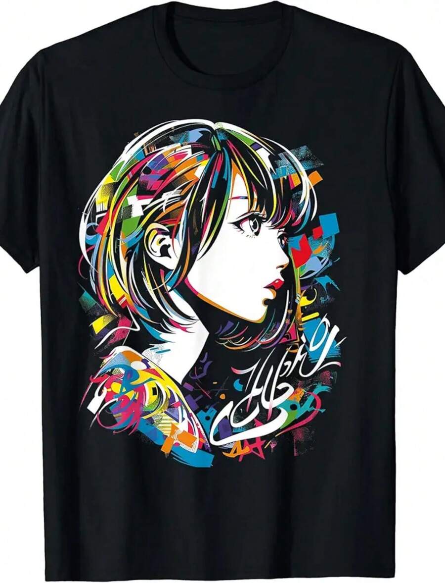 A Anime Manga Graphic Colorful Illustration Anime T-Shirt - 黑色 - 查看 1