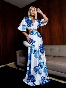 Vestido longo feminino estampado com manga morcego decotado cintura vazada e amarrações malha fluity - Azul Wander - Visão 2