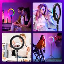 12英寸LED环形灯套装（含延长杆），支持RGB全彩灯光效果，标配160厘米可伸缩三脚架和相机夹。它兼具出色的稳定性和灵活的调节性，轻松应对从个人自拍、集体照到专业会议、影棚拍摄和直播等各种场景，实现全方位照明。适用于摄影、视频录制、直播、Zoom会议、Vlog等。 - 黑色 - 查看 4