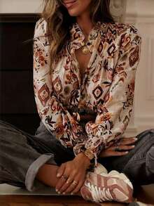 优雅花卉印花女士长袖衬衫，复古图案休闲上衣，春季度假必备 - 彩色 - 查看 12