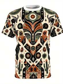 Men's 3D African Southwest Totem Symmetrical Print T-Shirt - Soft Polyester Regular Fit Short Sleeve, Summer Casual Wear, Travel And Vacation Outfit, Daily Fashion, Lightweight Top, Printed Design,  Clothing - 混合色 - 查看 2