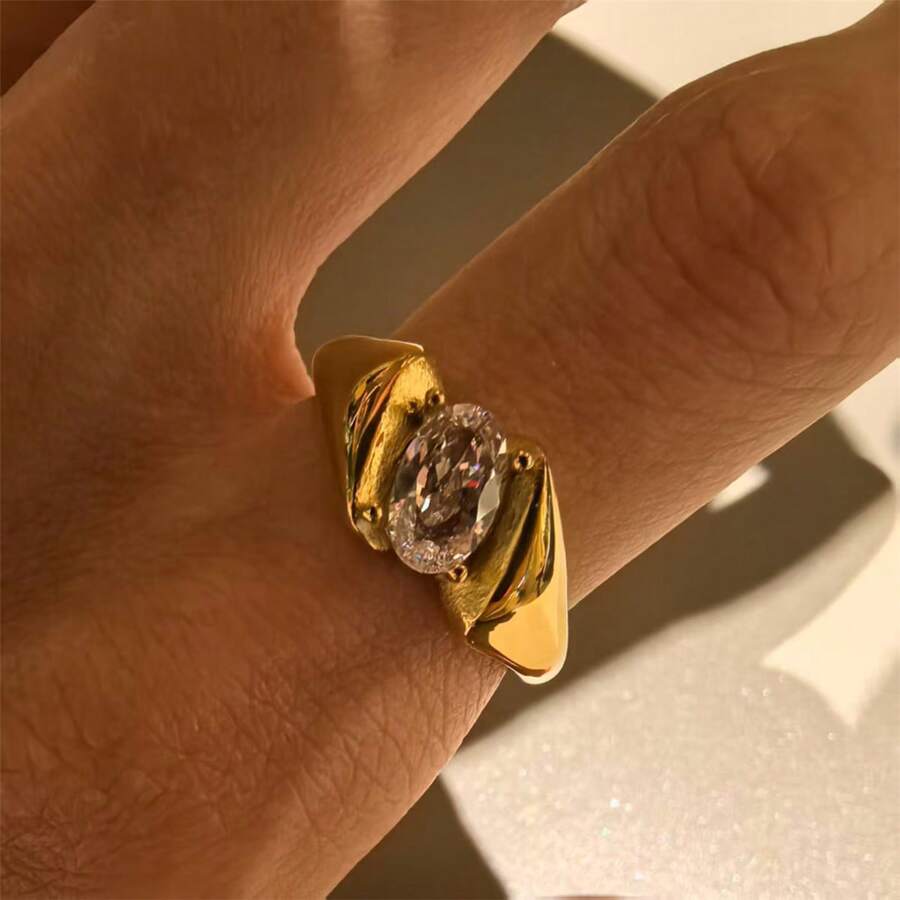 VKHK 1枚奢华18K镀金不锈钢闪亮锆石装饰戒指,适合女士日常佩戴、婚礼、礼品。 - 鑽戒 - 查看 1