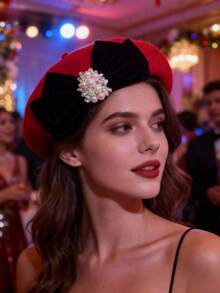 Fashionable Elegant Party Bow Beaded Decorated Beret Hat - Red - View 2