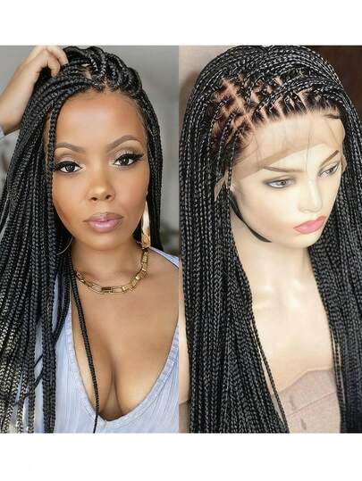 Peluca de cabello trenzado de 30 pulgadas con encaje completo, cabello negro con flequillo, peluca de cabello trenzado sintético tejido a mano con aspecto de fibra de baja temperatura, para uso diario, fiestas, cosplay y festivales de música para mujeres