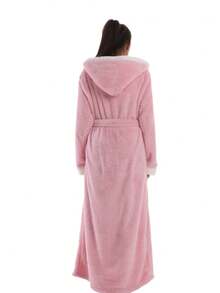 1pc Thick Plush Bathrobe, Basic Casual Loungewear, Warm & Comfortable, Suitable For Home, Holiday Gift - Pink Hooded - View 2