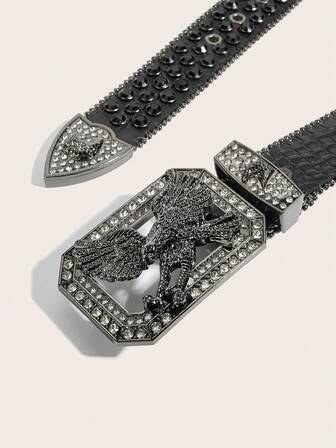 1pc Western Style Men's Belt, Vintage Black Crystal Studded Metal Eagle Decor Leather Belt, Y2K Rockstar, Streetwear, Suitable For Jeans, Casual Pants, Outdoor Activities, Valentine's Day, Halloween, Music Festivals, Graduation, Birthday Gift, All Season