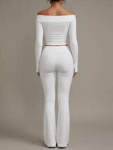 XLLAIS 2025 Autumn/Winter Women's Sexy Long Sleeve White Off-Shoulder Top, High Stretch Hollow Out Fitted T-Shirt - White - View 8