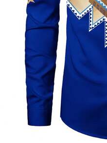 Kemeja Kasual Lengan Panjang Motif Geometris Pria, Cocok untuk Musim Semi dan Musim Gugur - Biru - View 4