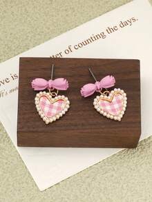 1 Pair Cute & Sweet Pink Bow Heart Faux Pearl Earrings - Pink - View 4