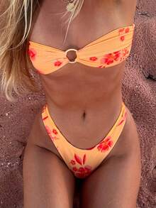 Traje De Baño Mujer Tankini Bikini Swimsuits Push Up Bikini Strapless Sleeveless Flower Print Tube Tops With Thong 2 Pcs Bathing Suit Swimwear - trái cam - Xem 3