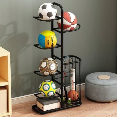 Sports Ball Storage Rack Adjustable Vertical Stand For Basketball Socr Volleyball And More Durable Steel Organizer For Garage 5Ball 45.7 Inches Black