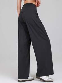 Quần yoga ống rộng chất liệu nylon lụa co giãn cao, nhanh khô, cạp cao, dáng rộng, có túi đựng điện thoại, thích hợp cho nữ tập luyện thể thao. - màu đen - Xem 3