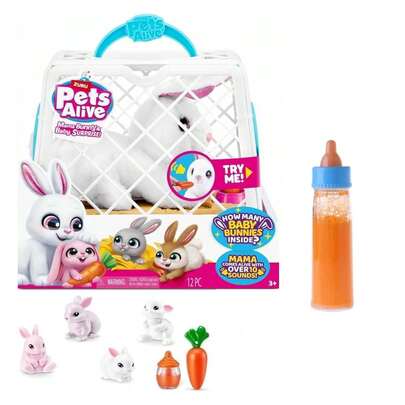  ZURU Pets Alive Mama Bunny Surprise Interactive Plush Toy Set With Baby Bunnies, Magic Bottle, Stickers, Storage Cage, 10+ Sounds, Ages 3+