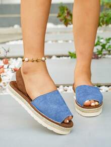 planare 女士时尚夏季休闲度假风PU绒面革露趾日常轻便圆头套脚舒适稳固平底凉鞋，蓝色，沙滩装扮 - 藍色 - 查看 9