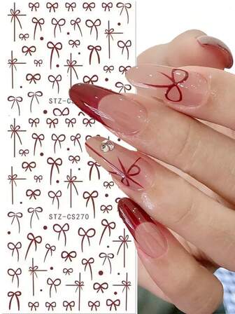 2 piezas Pegatinas de arte de uñas con lazo francés rojo, diseño de manicura francesa de estilo salón, uñas con tema fantástico, aplicación suave, material ligero, pegatinas autoadhesivas, para entusiastas de la belleza y el arte de uñas