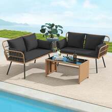 Patio Wicker Loveseat Furniture With Seat Back Cushions, Heavy-Duty Metal Legs Off-White/Black - Black - View 3