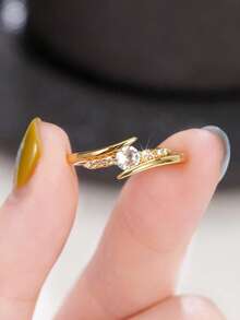1枚优雅立方氧化锆戒指，女士婚礼订婚派对珠宝，情人节礼物 - 金黃色 - 查看 7