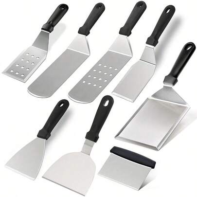 Juego de espátulas de cocina de acero inoxidable, espátulas multiusos para cocinar y freír, resistentes al calor, con acabado espejo pulido, bordes lisos, fáciles de limpiar, adecuadas para asar a la parrilla, bistec, pizza, utensilios de cocina, campamento al aire libre, picnic, accesorios para parrilla