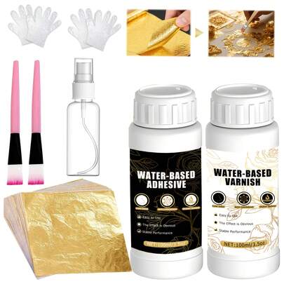 金箔粘合剂套装，金箔套装，水性粘合剂和清漆，含100张金箔片，金箔套装，适用于艺术、工艺、绘画、家具和装饰。