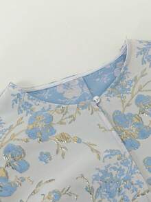 女士时尚提花泡泡袖短款夹克 - 藍色 - 查看 3